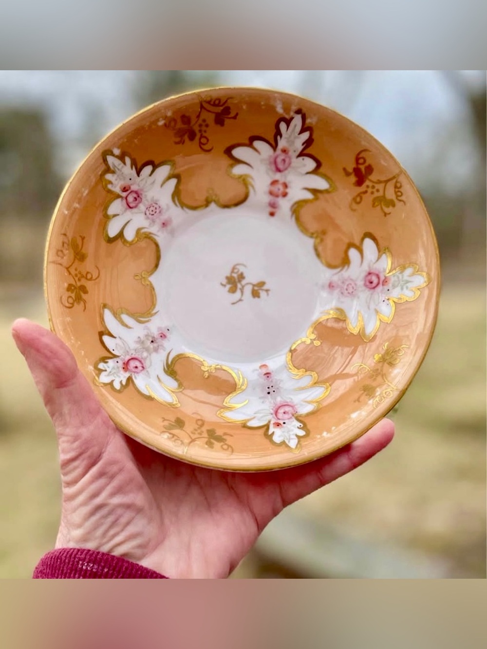 Antique Hand Painted European Porcelain Dessert Plates Pair 6” Peach Gold Gilt